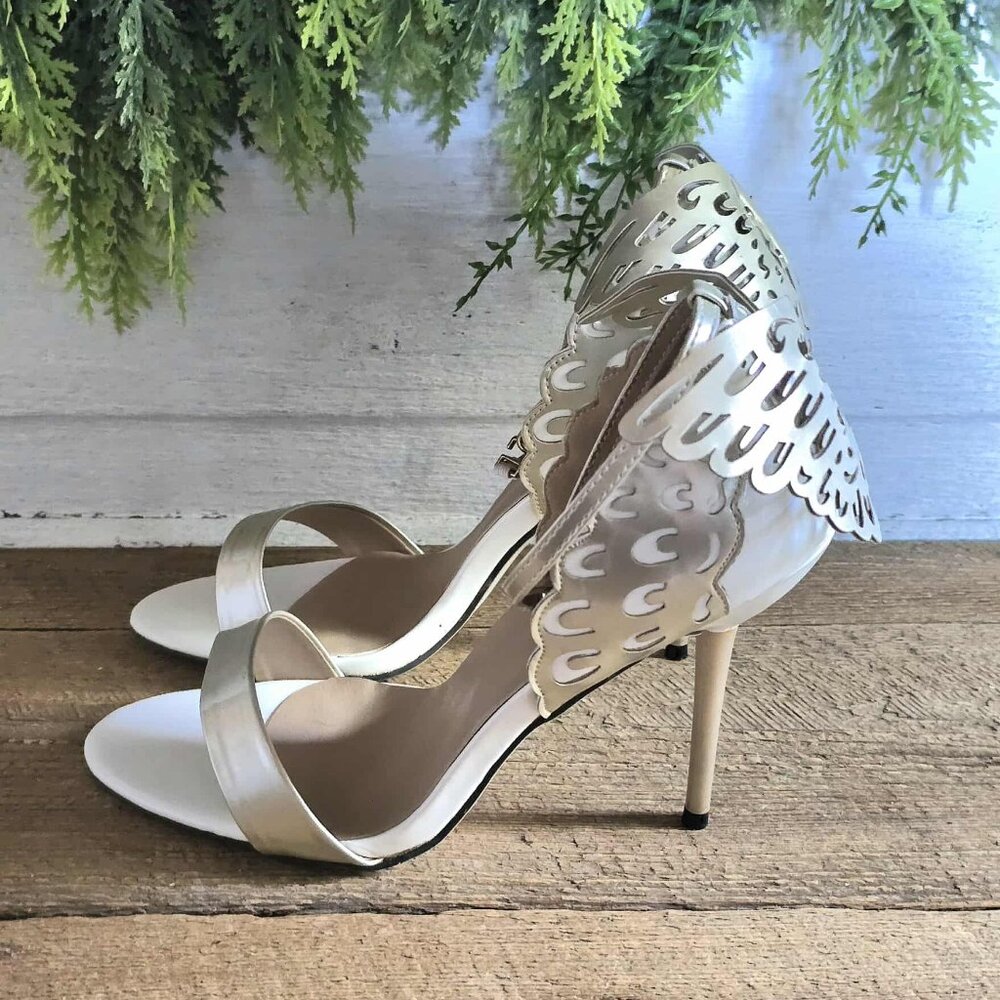 Size 9 White & Champagne Gold Butterfly Wings High Heels Bridal Prom